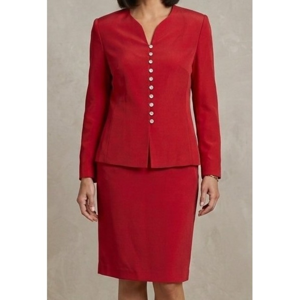 90s Vintage Morgan Taylor Red 100% Silk Blazer Pencil Skirt Set Size 12